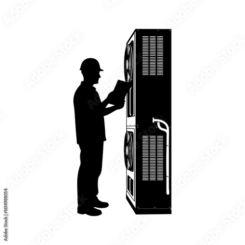 Silhouette of HVAC Technician Inspecting Air Conditioning Unit – Maintenance Worker Illustration