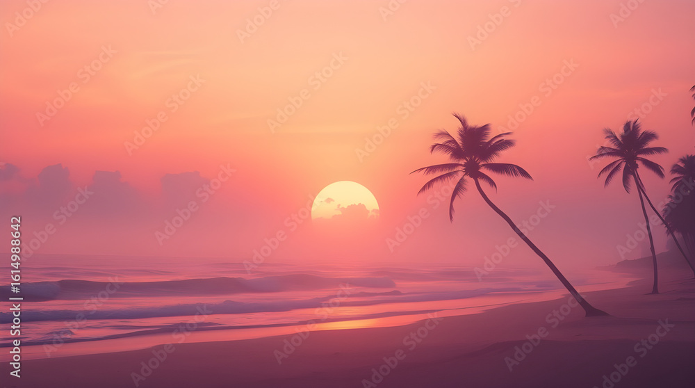 Obraz premium Vibrant Tropical Beach with Striped Beach Chair and Umbrella under Blue Sky