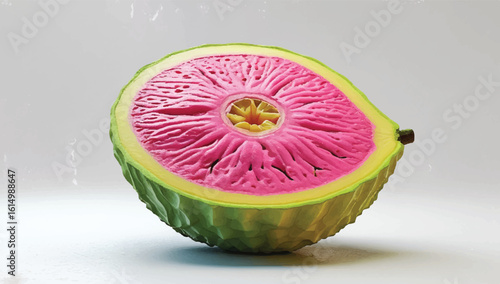 Vibrant illustration of a sliced cherimoya with pink flesh and yellow center, green skin. Ideal for food, tropical, or exotic-themed designs.