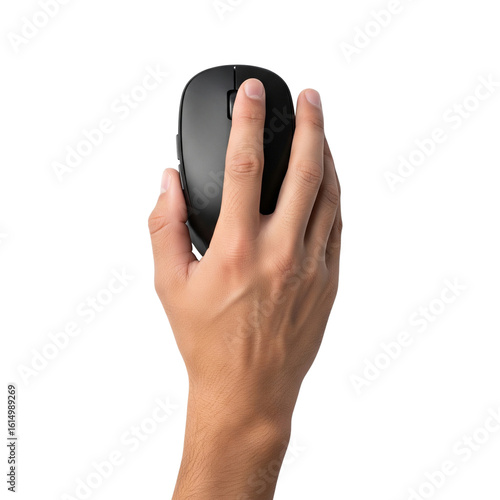 Hand using a black wireless computer mouse isolated on transparent background