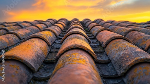 Terracotta roof tiles at sunset. Low angle view of rows of curved, reddish-orange roof tiles