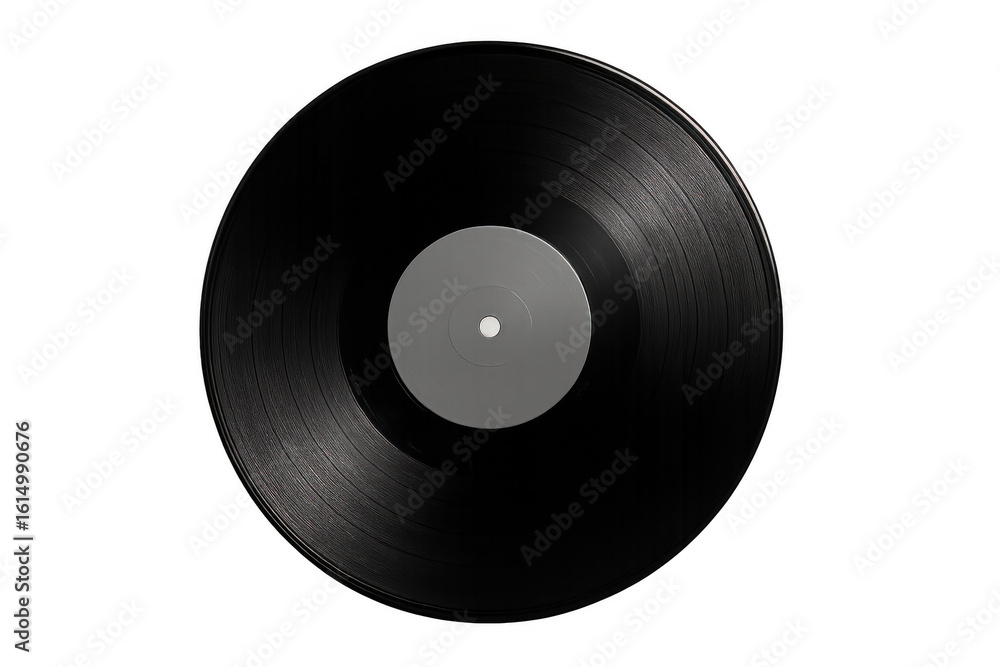 Obraz premium Black vinyl record with gray label, symbolizing vintage music culture against transparent backdrop, capturing analog sound essence