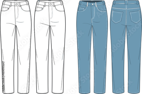 Women's Straight Leg Jeans Technical Drawing and Colored Vector Illustration, Front and Back Views, Denim Pants Fashion Flat Sketch Template for Digital or Print.