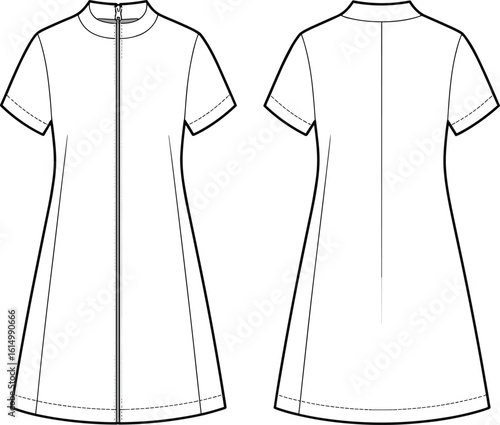 Women's A-Line Mini Dress Technical Drawing Vector Illustration, Front and Back Views, Short Sleeve Zipper Front Apparel Flat Sketch, Fashion Design Template for Digital or Print.
