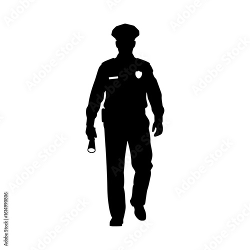 Silhouette of Police Officer Walking with Flashlight – Law Enforcement Vector Icon