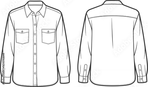 Men's Classic Collared Shirt Technical Drawing Vector Illustration, Front and Back Views, Long Sleeve Button-Up Apparel Flat Sketch, Fashion Design Template for Digital or Print.