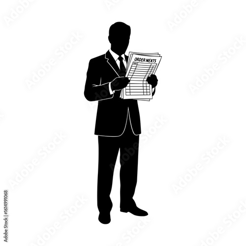 Silhouette of Businessman Reading Stock Market Newspaper – Financial News Vector Illustration