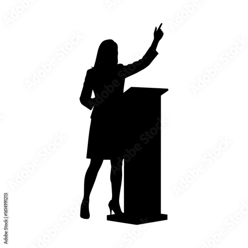 Silhouette of Woman Speaking at Podium Pointing Upward – Public Speaking Vector Illustration