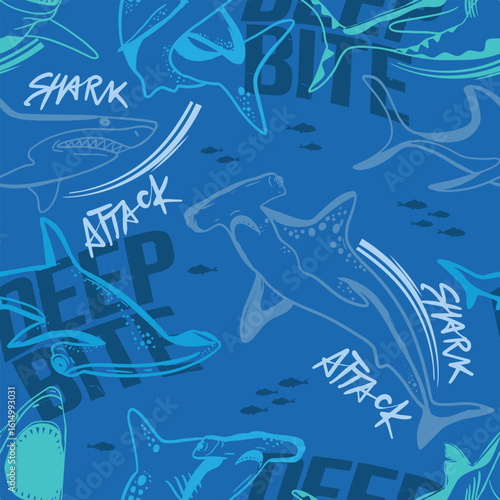 Abstract seamless pattern with shark silhouette, Big fish predator. Grunge modern background for boys and girls,  For prints, T-shirts, textiles,fabric, web. Urban dark wallpaper.