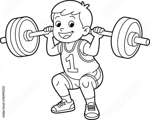 Cartoon child lifting barbell—happy kid weightlifting in sporty outfit for fitness illustrations, gym posters, or children’s activity clipart