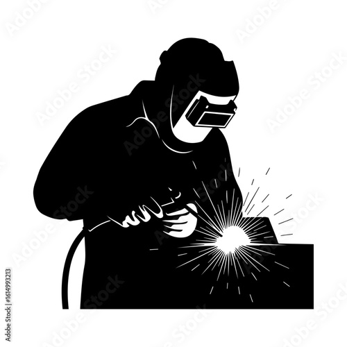 Silhouette of Industrial Welder at Work – Welding Sparks Safety Concept