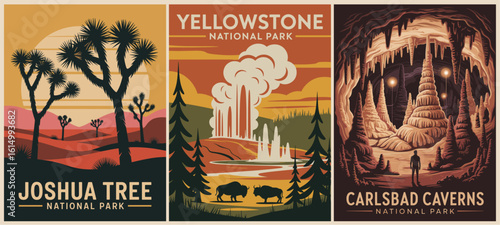 Set of retro National Parks travel posters featuring Joshua Tree, Carlsbad Caverns, and Yellowstone. Vintage colors, bold landscapes, and classic typography style. Flat vector illustrations