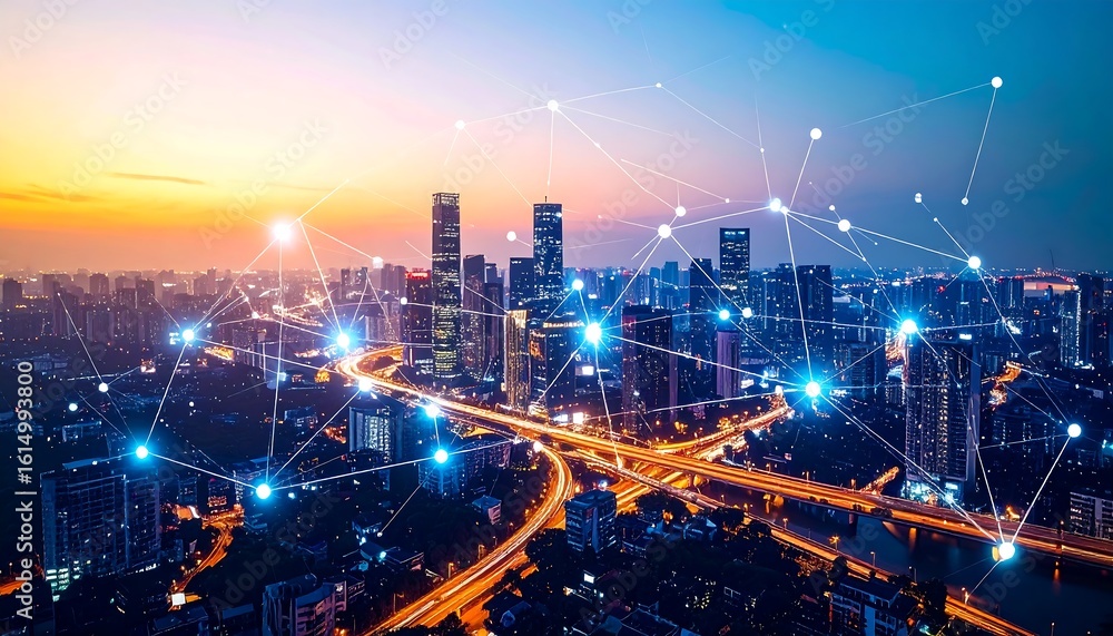 Fototapeta premium Night cityscape with illuminated highways and abstract network connections