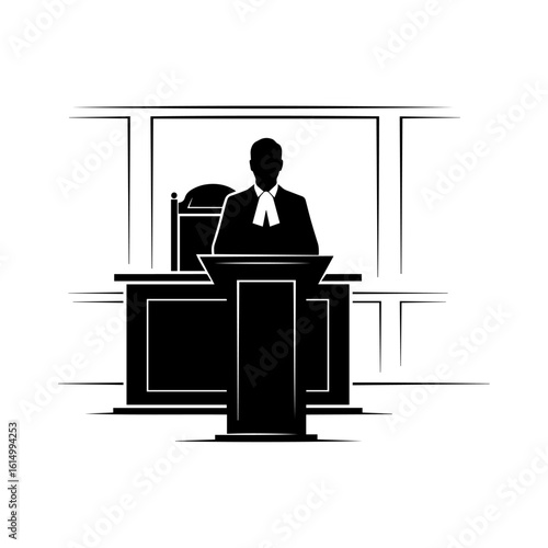Silhouette of Lawyer at Courtroom Podium – Legal Justice System Icon Vector