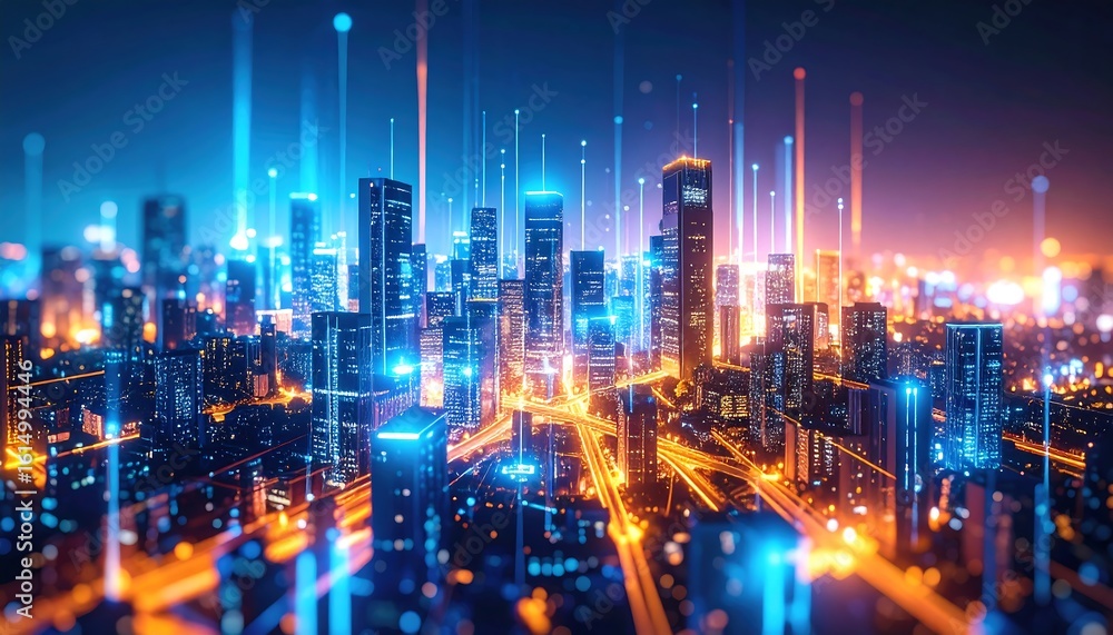 Fototapeta premium Night cityscape with vibrant glowing lines connecting buildings