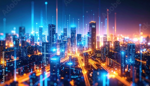 Wallpaper Mural Night cityscape with vibrant glowing lines connecting buildings Torontodigital.ca