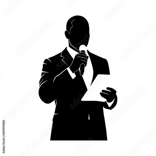 Silhouette of Speaker Holding Microphone and Notes – Public Speaking Icon Vector
