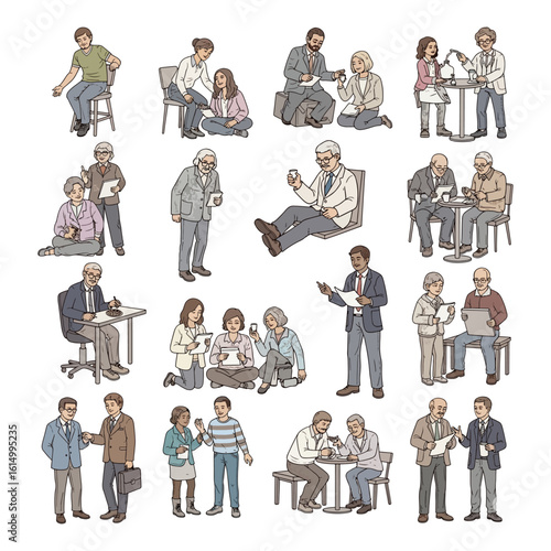 inclusive workplace and learning moments, hand-drawn vector people in real-life interactions