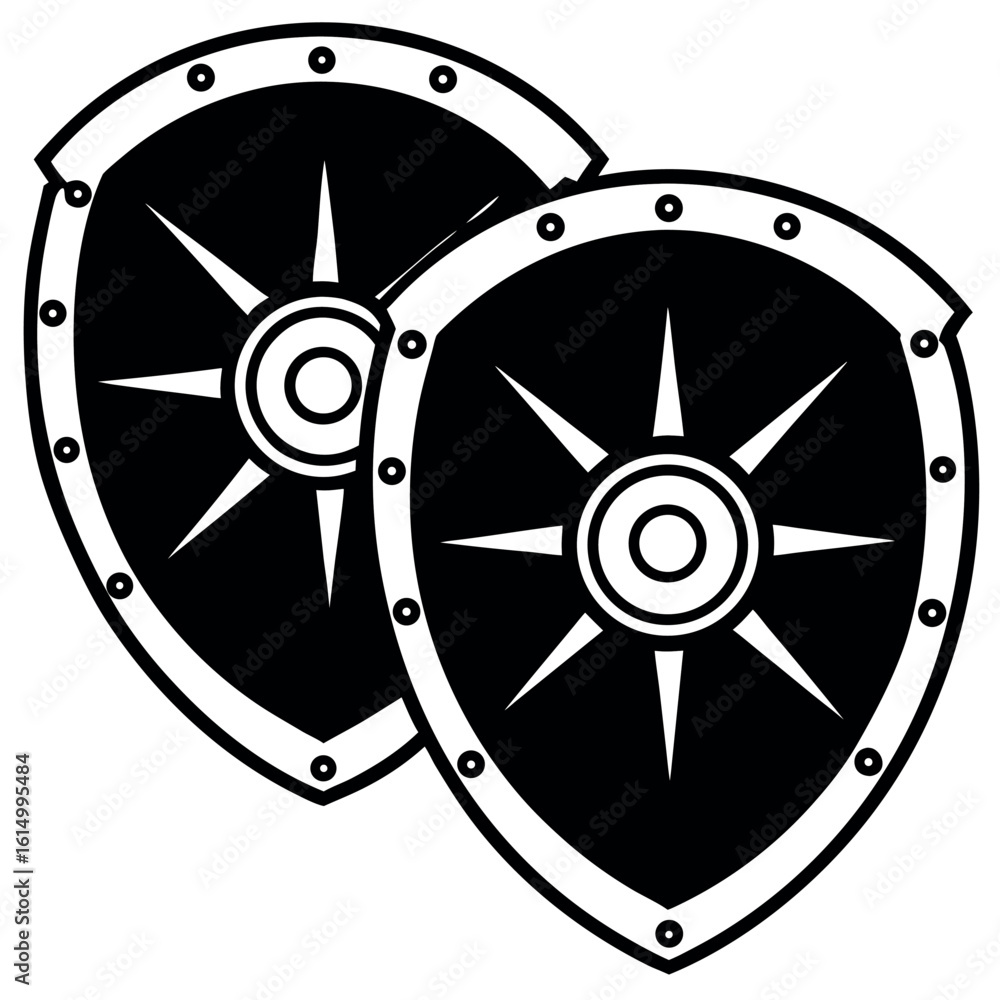 Fototapeta premium Two stylized bucklers display a central radial design, bordered by rivets, with transparent backdrop