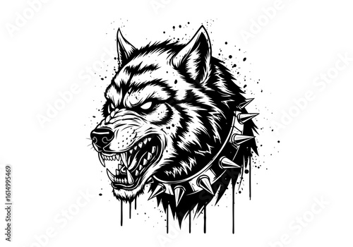 Vector art of fierce wolf head with spiked collar