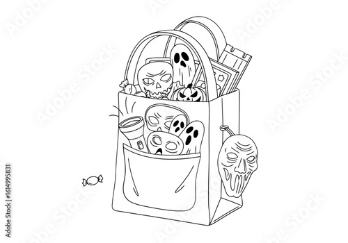 Vector art of a halloween trick or treat bag filled with spooky goodies