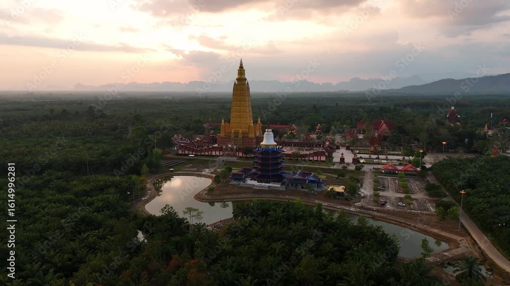 Wat Bang Thong temple, a ornate buddhist temple in Krabi, Thailand, showcases its golden chedi against a backdrop of lush greenery and mountains. Wat Mahathat wachiramongkol Aerial view. Wat Bang Thong temple, a ornate buddhist temple in Krabi, Thailand, showcases its golden chedi against a backdrop of lush greenery and mountains. Wat Mahathat wachiramongkol Aerial view.