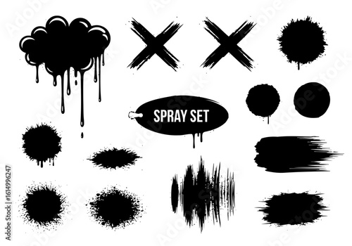 Vector art of a collection of black spray paint splatters and brush strokes