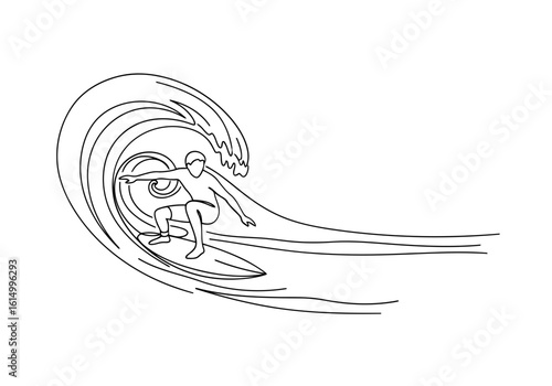 Vector art of a surfer riding a wave in a minimalist line drawing style