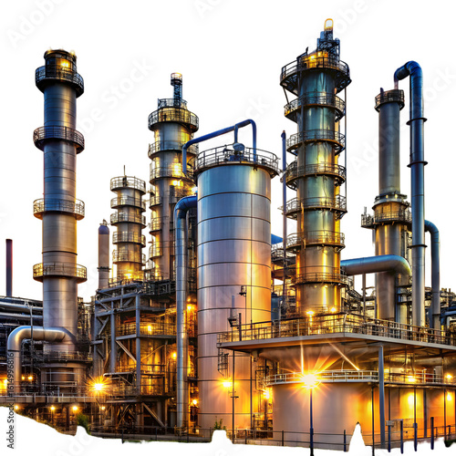 Industrial oil refinery with storage tanks and metal towers, isolated PNG