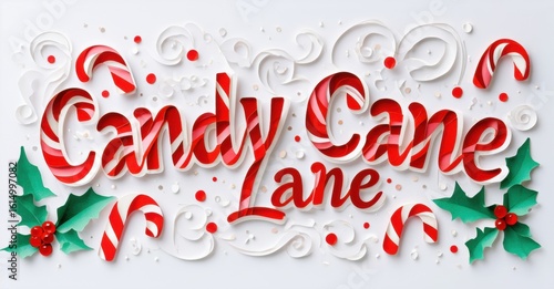 Festive lettering spells Candy Cane Lane. Red, white swirls, holly leaves create cheerful holiday design. Bright, joyful imagery.