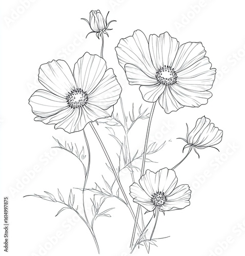 A hand-drawn, simple line drawing of cosmos flowers on a white background