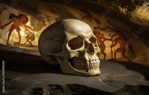 Human Skull in Ancient Cave with Prehistoric Paintings Archaeology History Death Symbol Skeleton Head Dark Mystery Scene
