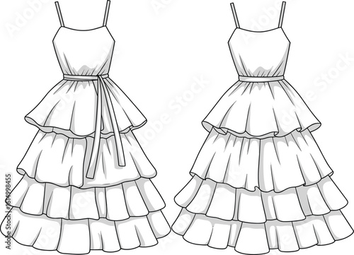 Stylish Women's Tiered Ruffle Dress Flat Sketch with Spaghetti Straps and Belted Waist, Fashion Design Technical Drawing for Apparel Industry