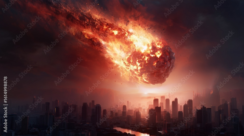 Fototapeta premium Big asteroid burning rock falling from the sky at night over cityscape apocalypse