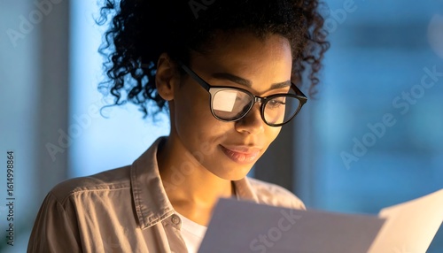 Focused Woman Reading Documents, Wearing Glasses, Illuminated by Soft Lighting at Night