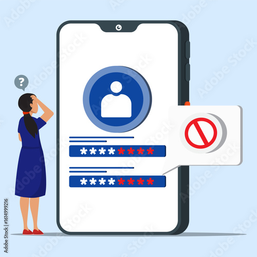 A woman forgot the password. Concept of forgotten password, key, account access and blocked access. 