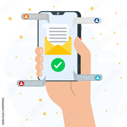 Hand holding smartphone with email confirmation and message notifications.