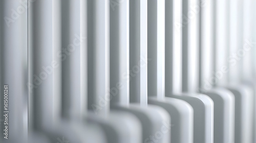 Close-up view of many vertical, light gray, architectural elements,  creating a repeating pattern of  geometric forms.  Slight shadows and perspective give depth