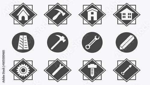 Collection of construction and repair tool icons in a vintage style