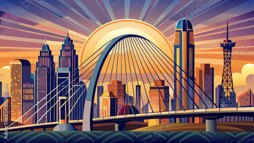 In Dallas, Texas, the skyline lights up behind the Margaret Hunt Hill Bridge. Semi-realistic vector style captures steel arcs and the golden tones of sunset.