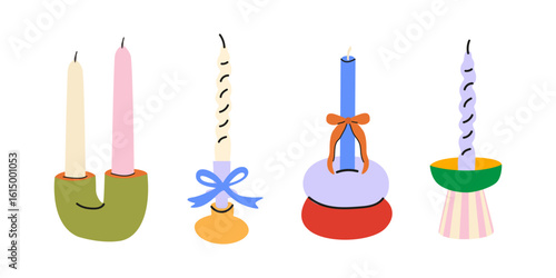 Vintage candles holder set in different abstract shapes. Decorative cartoon wax candles in retro 90s style. Cozy hand drawn doodle aroma candle stickers. Interior vector elements