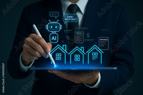 Businessman touching virtual touchscreen button technology concept with digital network and communication icons