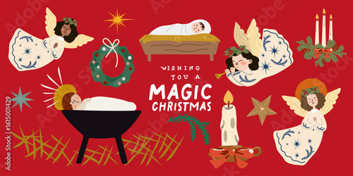 Holy Night. Merry Christmas and Happy New Year flat cartoon stickers. A little angels, candles, Jesus baby. Holiday seasonal vector illustrations in retro groovy style