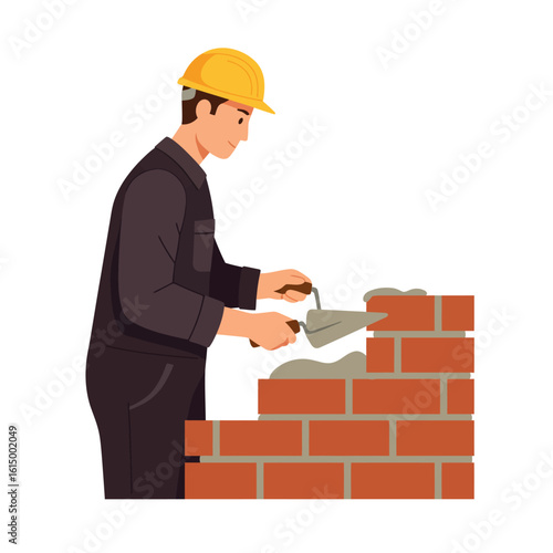 An illustration of a construction worker wearing a hard hat and laying bricks with mortar, demonstrating the process of building a brick wall on a white background.