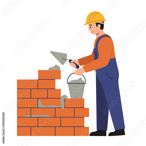 A construction worker in a yellow hard hat skillfully lays bricks to build a sturdy wall, showcasing the craft of masonry in a clean, vector style.