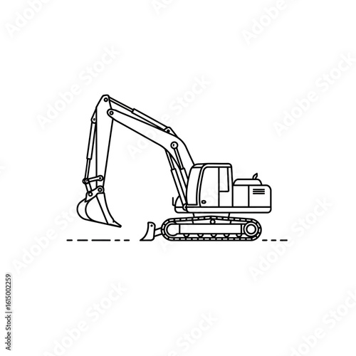 A black and white line art illustration depicts a construction excavator, showcasing heavy machinery used for earthmoving and digging operations in the building sector.