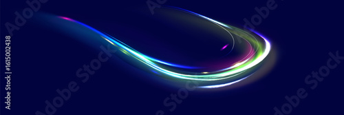 Neon line as speed or arc, turn, twist, bend in light effect. Light arc in neon colors, in the form of a turn and a zigzag. Abstract background in blue