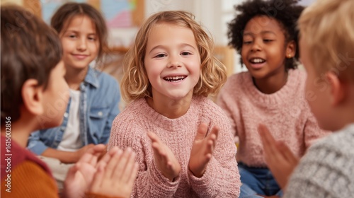 Group of happy children clapping and playing together in a bright classroom, joyful diverse kids enjoying interactive activity, early childhood education and friendship concept.