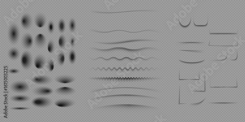 Set of realistic shadow effect on a transparent background different shapes, page separation vectors.