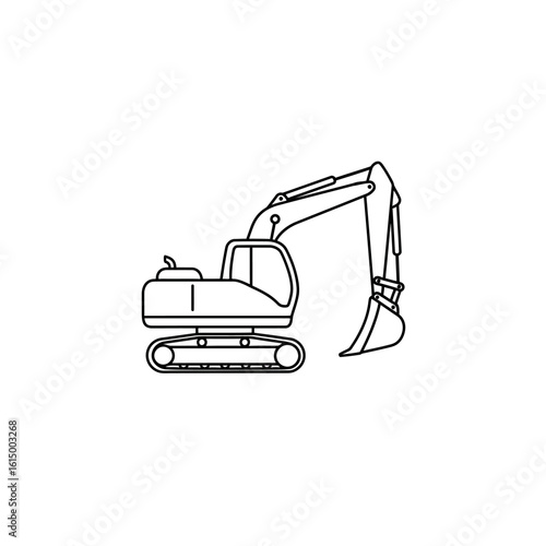 A simple vector illustration depicts a construction excavator, a heavy machine used for digging and earthmoving in the construction industry, isolated on a white background.